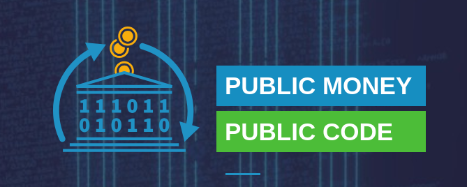 screenshot from the web site Public Money Public Code showing an icon with money and bits in blue and green colors